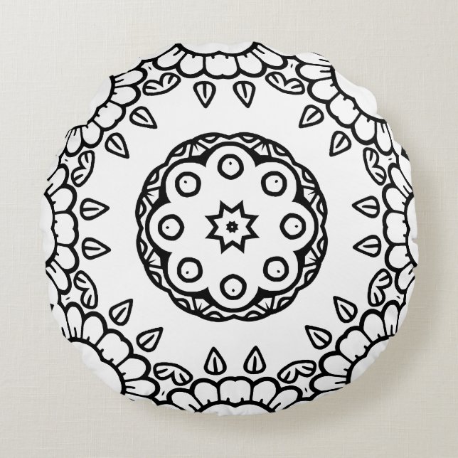 Black and White Mandala Frame Pattern  Round Cushion (Front)
