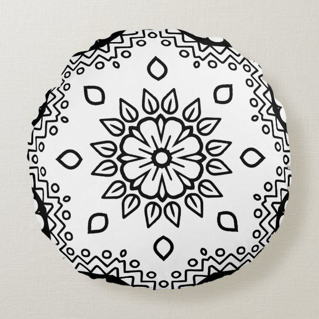 Black and White Mandala Frame Pattern  Round Cushion (Front)