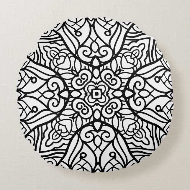 Black and White Mandala Frame Pattern  Round Cushion (Front)