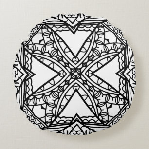 Black and White Mandala Frame Pattern Round Cushion