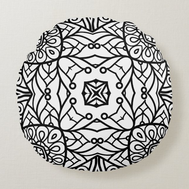 Black and White Mandala Frame Pattern  Round Cushion (Front)