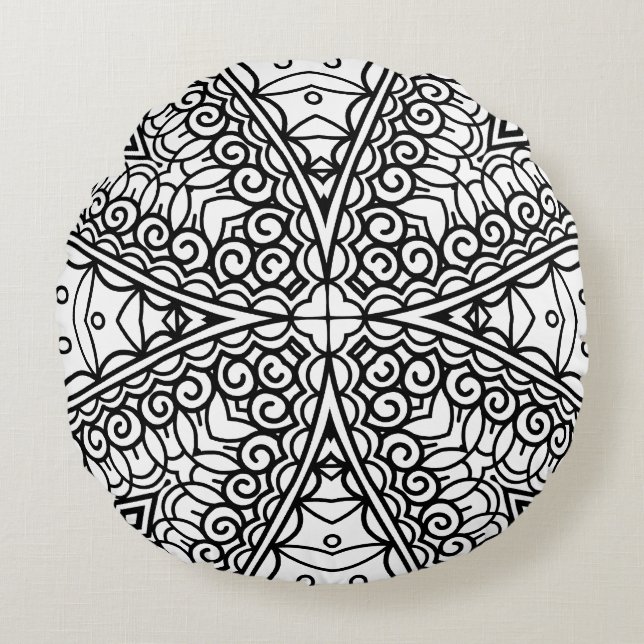 Black and White Mandala Frame Pattern  Round Cushion (Front)