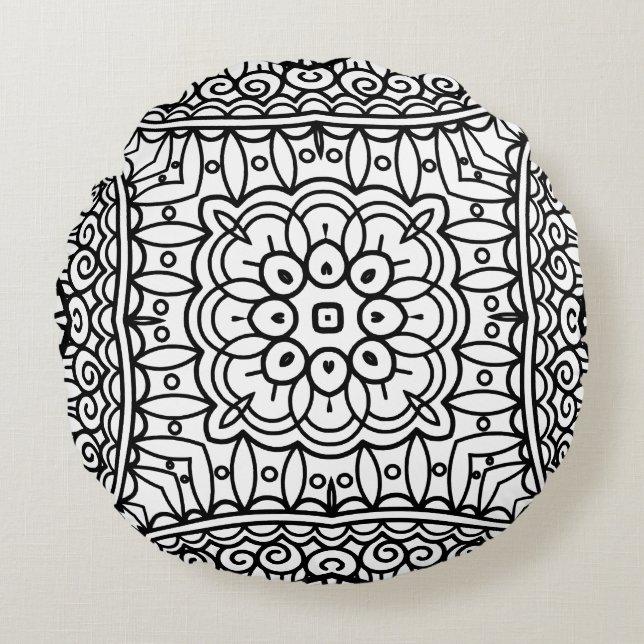 Black and White Mandala Frame Pattern  Round Cushion (Front)