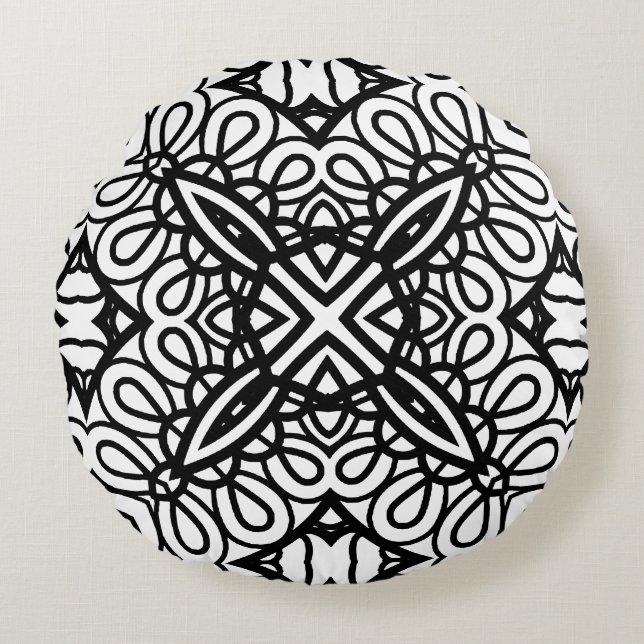 Black and White Mandala Frame Pattern  Round Cushion (Front)
