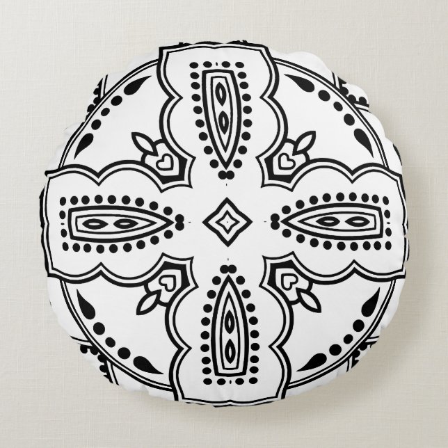 Black and White Mandala Frame Pattern  Round Cushion (Front)