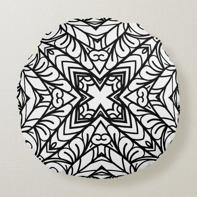 Black and White Mandala Frame Pattern  Round Cushion (Front)