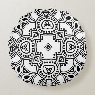 Black and White Mandala Frame Pattern Round Cushion