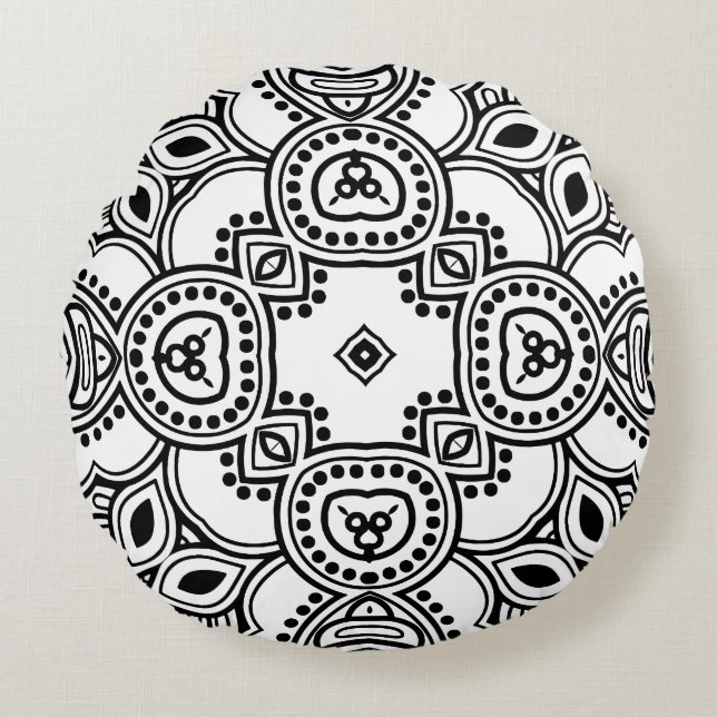 Black and White Mandala Frame Pattern  Round Cushion (Front)