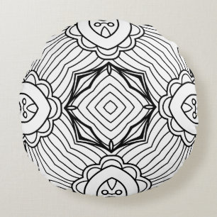 Black and White Mandala Frame Pattern Round Cushion