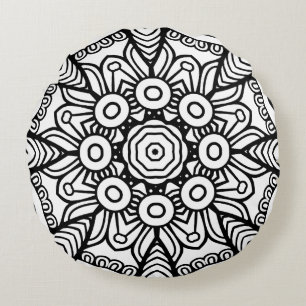 Black and White Mandala Frame Pattern Round Cushion
