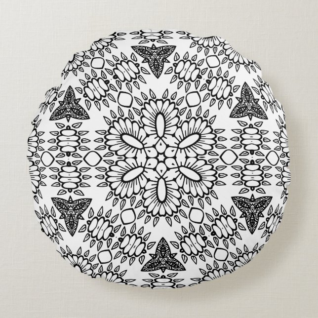 Black and White Mandala Frame Pattern  Round Cushion (Front)