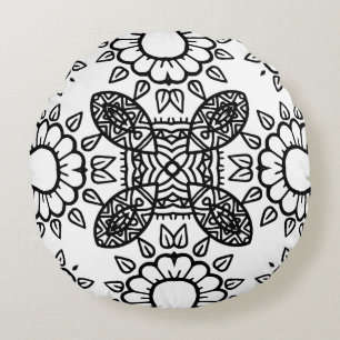 Black and White Mandala Frame Pattern Round Cushion