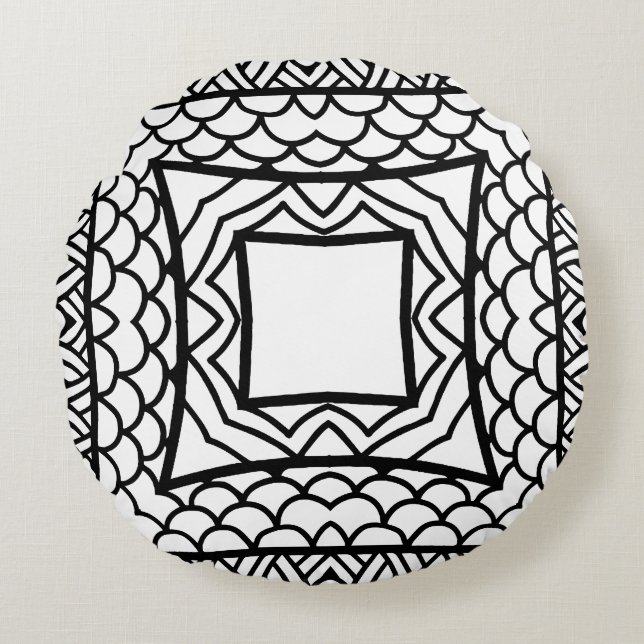 Black and White Mandala Frame Pattern  Round Cushion (Front)