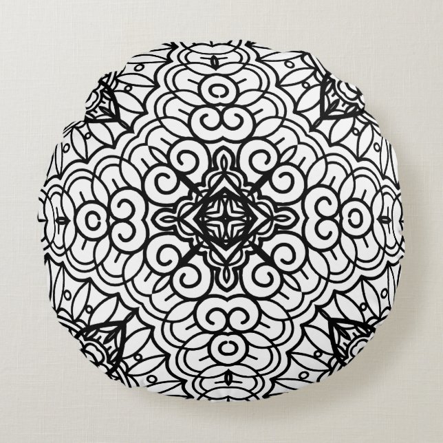 Black and White Mandala Frame Pattern  Round Cushion (Front)