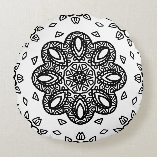 Black and White Mandala Frame Pattern  Round Cushion (Front)