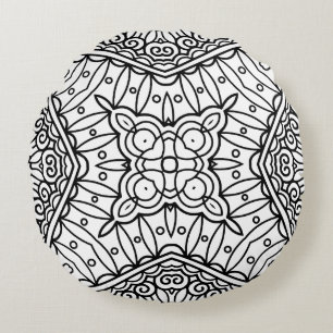 Black and White Mandala Frame Pattern Round Cushion