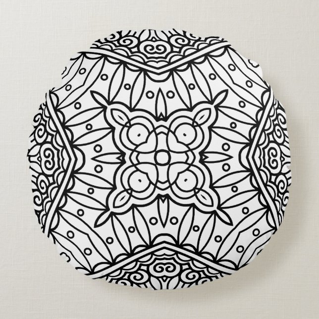 Black and White Mandala Frame Pattern  Round Cushion (Front)