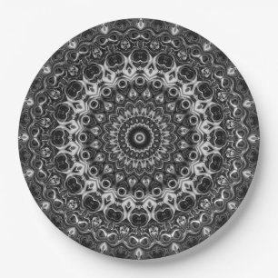 Black and White Mandala Geometric Design Paper Plate