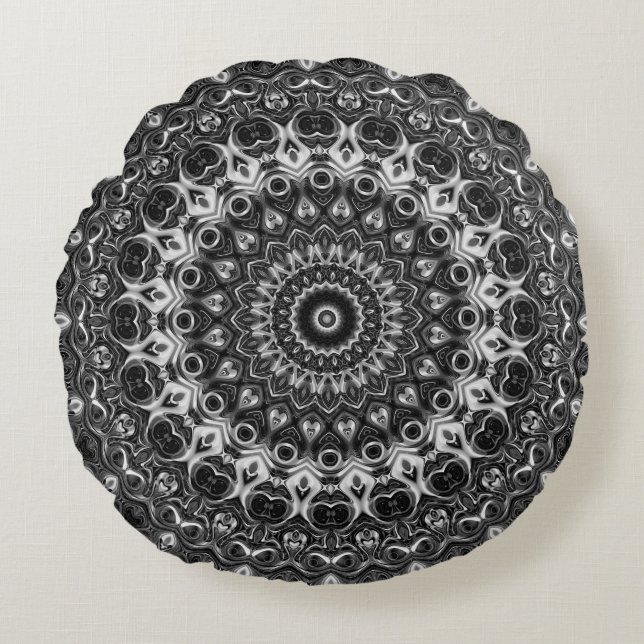 Black and White Mandala Geometric Design Round Cushion (Front)