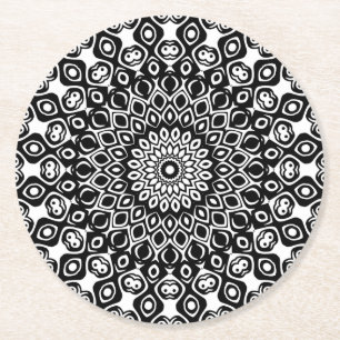 Black and White Mandala Pattern Round Paper Coaster