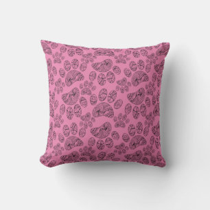 Black and White Mandala Paw Print Pattern Pink Cushion