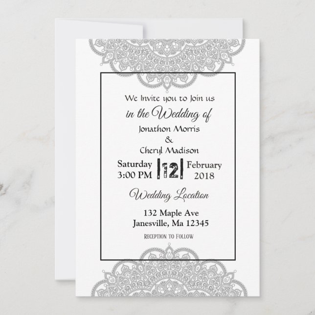 Black and White Mandala Wedding Invitations (Front)