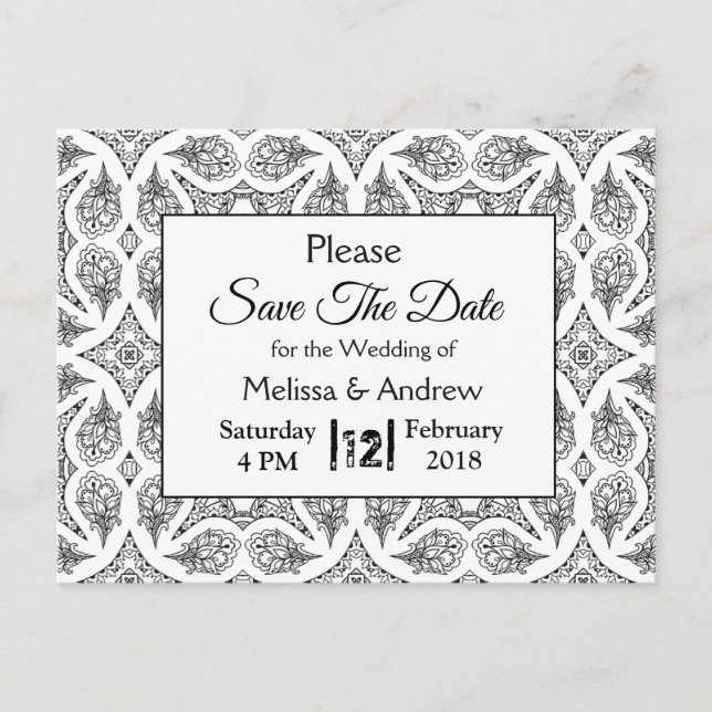 Black and White  Mandala Wedding Save the Date Announcement Postcard (Front)