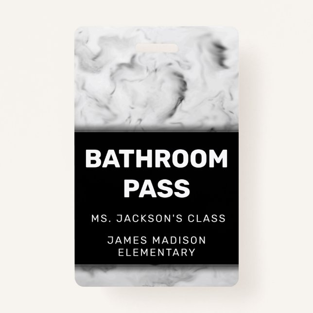 Black and White Marble Back To School Bathroom ID Badge (Front)