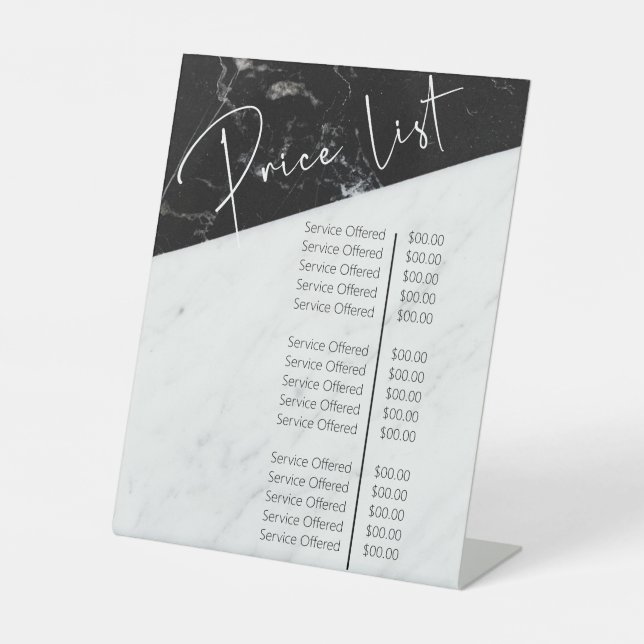 Black and White Marble Beauty Salon Price List Pedestal Sign (Front)