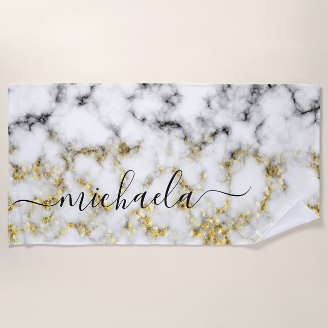 Black and white marble gold sparkle Custom name Beach Towel (Front)