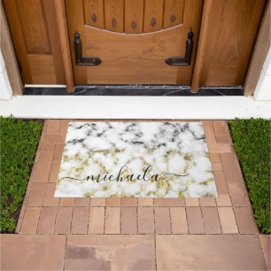 Black and white marble gold sparkle Custom name Doormat