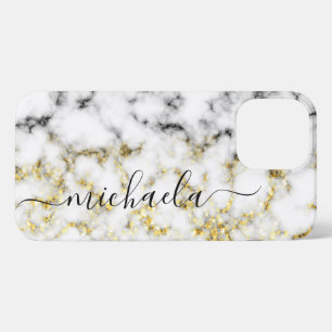 Black and white marble gold sparkle Custom name iPhone 13 Pro Max Case
