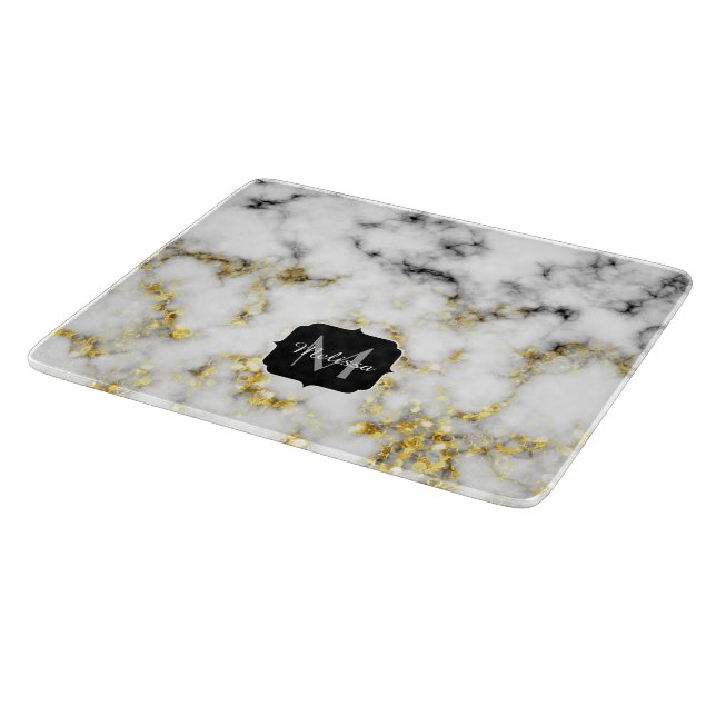 Black and white marble gold sparkle flake Monogram Cutting Board (Corner)