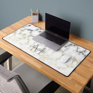 Black and white marble gold sparkle flake Monogram Desk Mat