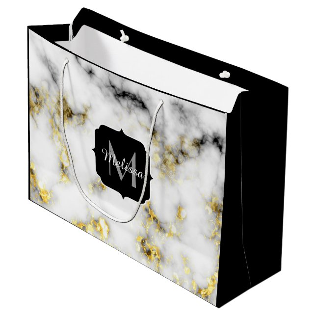 Black and white marble gold sparkle flake Monogram Large Gift Bag (Front Angled)