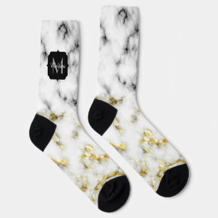 Black and white marble gold sparkle flake Monogram Socks