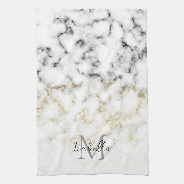 Black and white marble gold sparkle flake Monogram Tea Towel (Vertical)