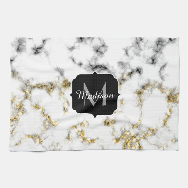 Black and white marble gold sparkle flake Monogram Tea Towel (Horizontal)