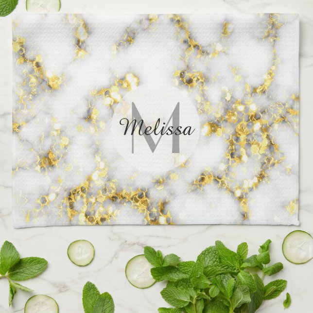 Black and white marble gold sparkle flake Monogram Tea Towel (Folded)