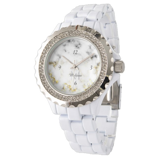 Black and white marble gold sparkle flake Monogram Watch (Angled)
