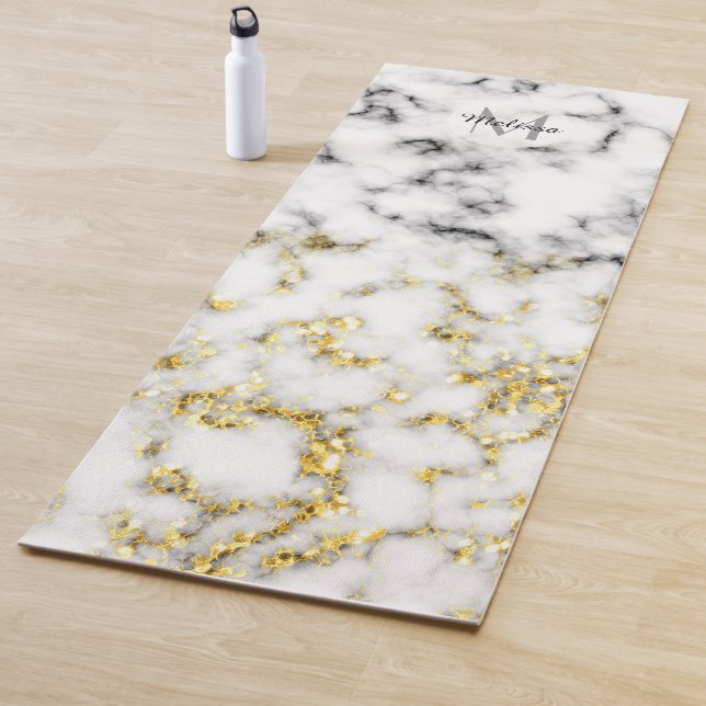 Black and white marble gold sparkle flake Monogram Yoga Mat (In Situ)