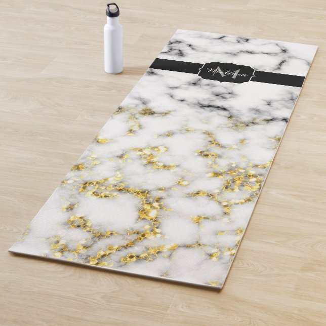 Black and white marble gold sparkle flake Monogram Yoga Mat (In Situ)