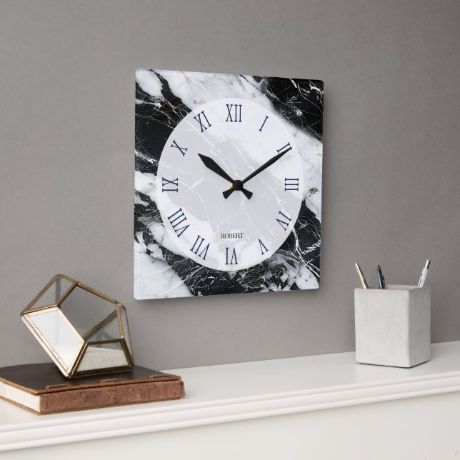 Black and White Marble Image Roman Numerals Square Wall Clock (Office)