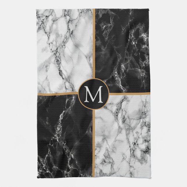 Black and White Marble Monogram Kitchen Towel (Vertical)