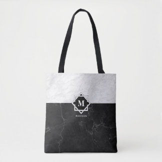 Black and White Marble Monogram Tote Bag
