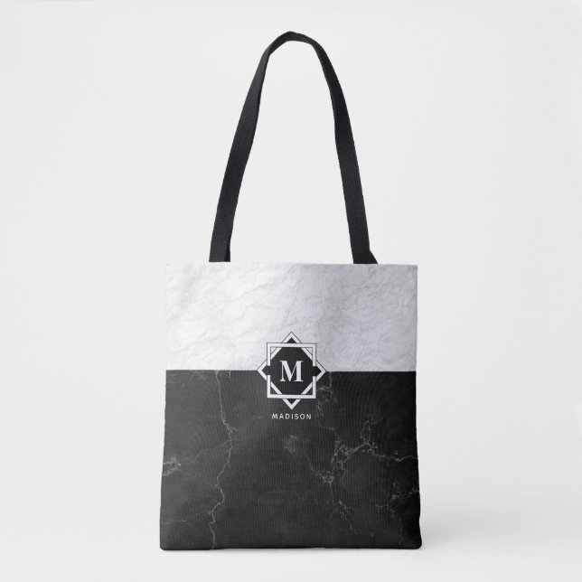 Black and White Marble Monogram Tote Bag (Front)