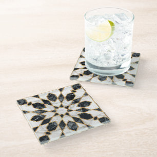 Black and White Marble Moroccan Mosaic Glass Coaster