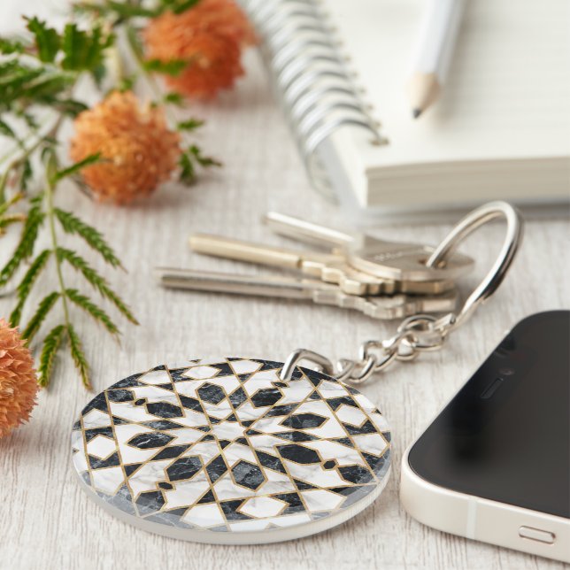 Black and White Marble Moroccan Mosaic Key Ring (Front Right)