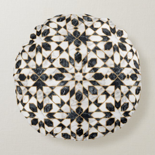 Black and White Marble Moroccan Mosaic Round Cushion (Front)