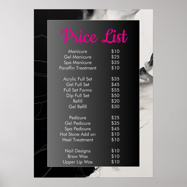 Black and white marble Nail Salon Price List Menu  Poster (Front)